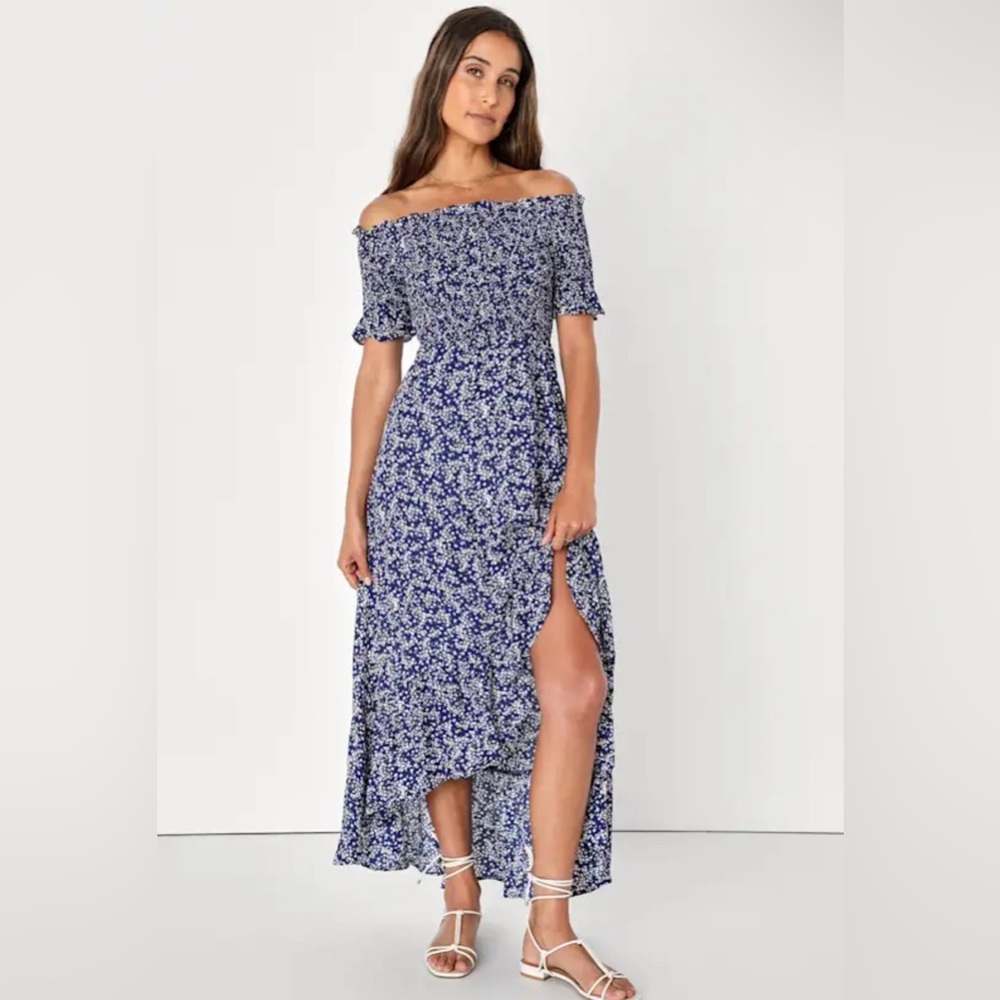 Off-Shoulder Blue Floral Maxi Dress